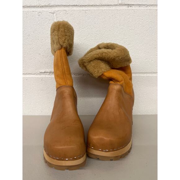 swedish hasbeens shearling clog boots sz38 brown pull on leather suede tan fur - Picture 2 of 5